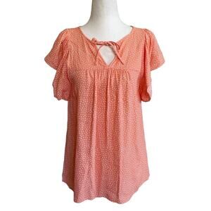 LOFT Tangerine Polka Dot Flutter Sleeve Tie Neck Blouse S